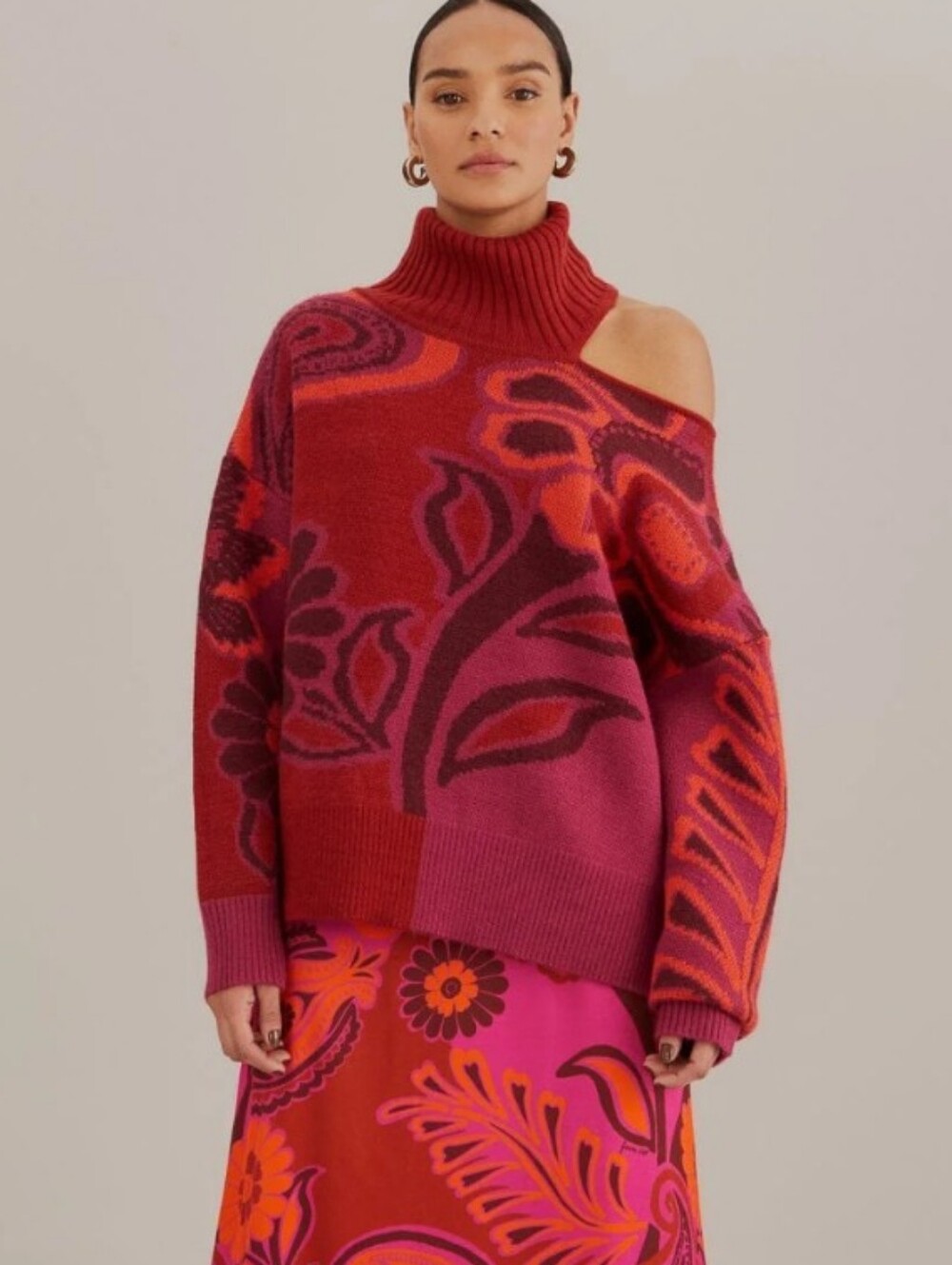 Farm Rio Pink Bold Floral Knit Sweater Cut Out Turtleneck